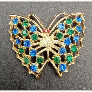 Butterfly Brooch Pin Blue Green Red Rhinestones Vintage 2.25 In Fashion Jewelry